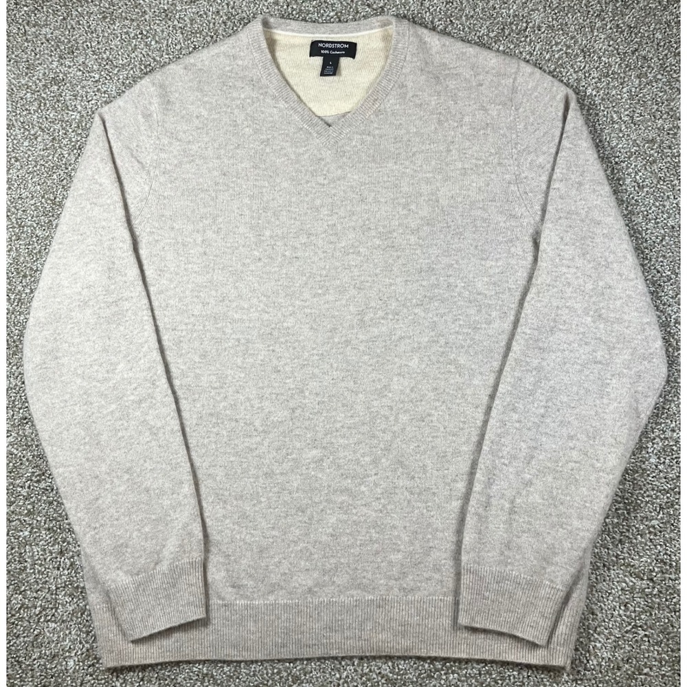 Nordstrom Mens 100% Cashmere V-Neck Sweater Oatmeal Beige Large NO455888MN